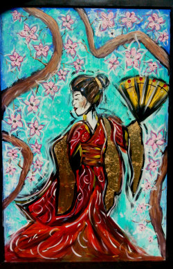 canvaspaintings:  Geisha painting, large painting, Geisha cherry blossoms, Japanese, Japanese Geisha, Geisha fan, home decor, wall art,  tattoo, canvas, print by TarasArtHouse (150.00 USD) http://ift.tt/1N0LyjU