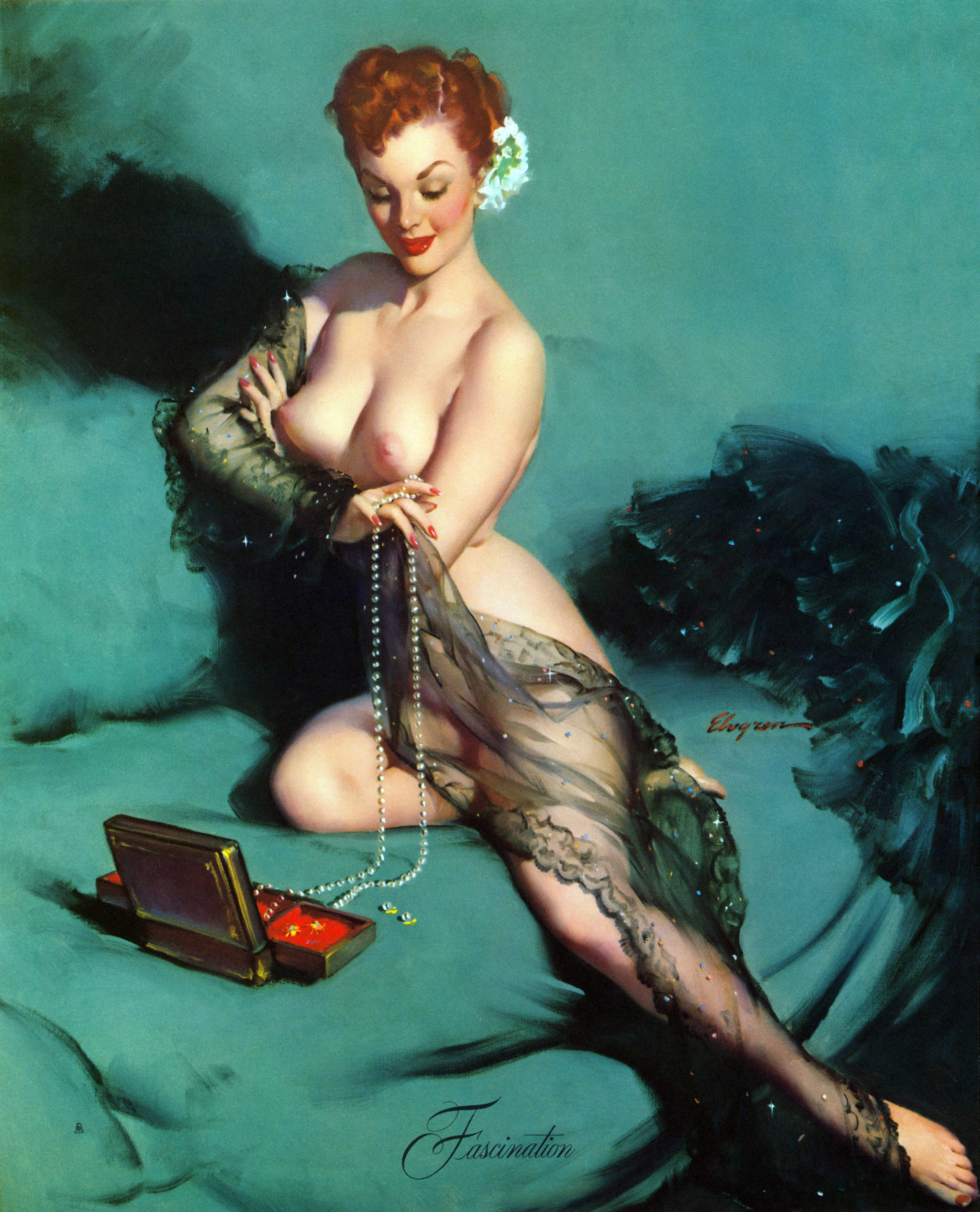 theamericanpin-up:Gil Elvgren - Fascination- 1952 American Beauties Calendar Illustration - Brown & Bigelow Calendar Co.