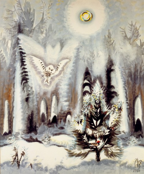 thunderstruck9:Charles Burchfield (American, 1893-1967), Arctic Owl and Winter Moon, 1960. Watercolo