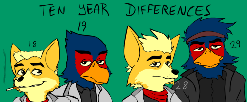 starfoxseries:  Comparison of Fox and Falco during the Andross conflict, and how they’ve fared ten years after. Still working on the rest.