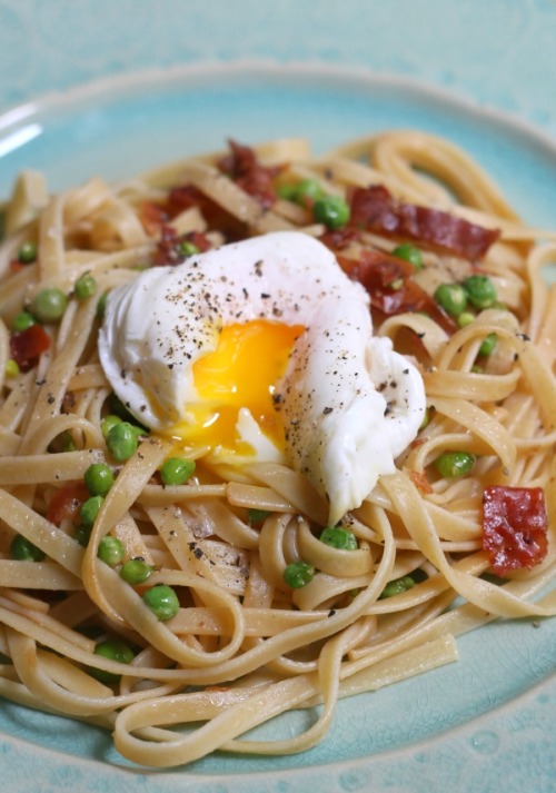 Spring peas — Pasta — Prosciutto — Egg