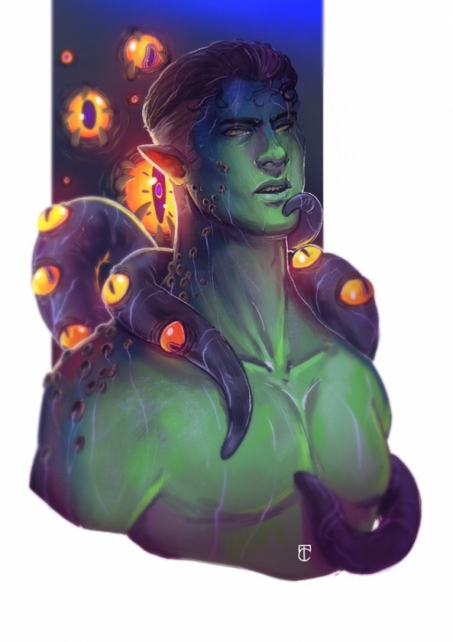 calebwidodadst: mcollinsart: Fjord [ID: A painting of Fjord, a toned, green-skinned half orc, shirtl