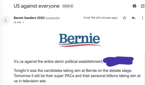 “Us against Everyone…” This is the message the Bernie campaign is sending out? Oy vey hahahah