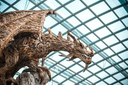 Scary but magnificent at the same time! This beast of a dragon is whole made out of wood  