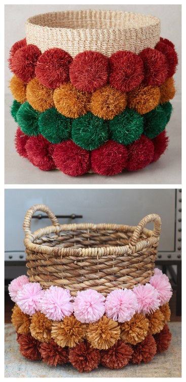 DIY Easy Anthropologie Inspired Pom Pom Basket Tutorial from Honestly WTF.This DIY uses raffia pompo