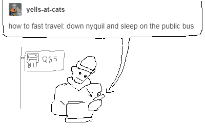 the-hydroxian-artblog: yells-at-cats: how to fast travel: down nyquil and sleep on