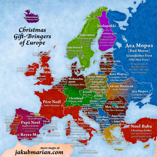 okiwillleavenow:scienceisbeauty:Gift-bringers in charge by country (or region) in Europe.Source: Chr