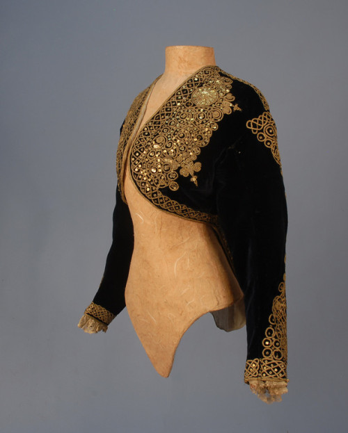 historicaldress:  SILK VELVET JACKET with GOLD CORD and SEQUINS, c. 1870. Midnight blue bolero 