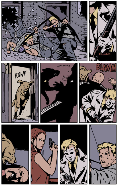 bobbimorses: Inked pages of Hawkeye #22 by David Aja, colors by Matt Hollingsworth