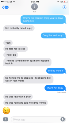 randythegaymercub:  doubleendeddilclo:  tylah: TW: Rape  This guy thinks it’s okay to rape someone then brag about it after I asked him what the craziest thing he’s done during sex. I had no idea how shitty this person was until now. Never is rape