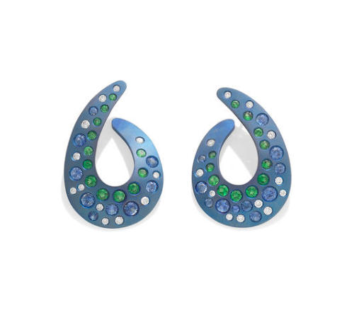 Titanium, sapphire, tsavorite, and diamond earrings, Margherita Burgener (at Bonhams)