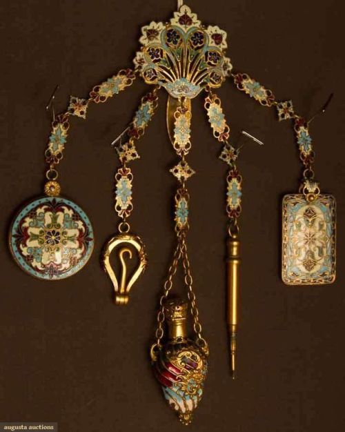 shewhoworshipscarlin:Chatelaine with a pencil, writing tablet, button hook, perfume vial, and a mirr