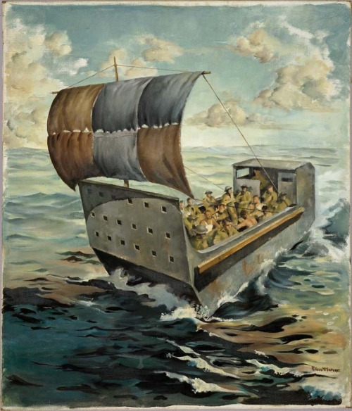 uss-edsall: The barge from Crete, painted by Peter McIntyre, New Zealand’s official war artist