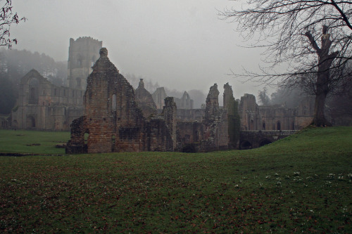 roseoftherealm:Fountains Abbey in the mist, North Yorkshire, England by cam.shirl