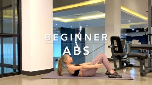Beginner abs:1. Slow crunches2. Bicycle crunches3. Ankle reaches4. Dead bugs5. Heel taps8-10 reps1-3