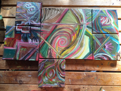 Here’s progress shots of the 3rd group of 21 paintings I am working on.This set can be shown as a 4 