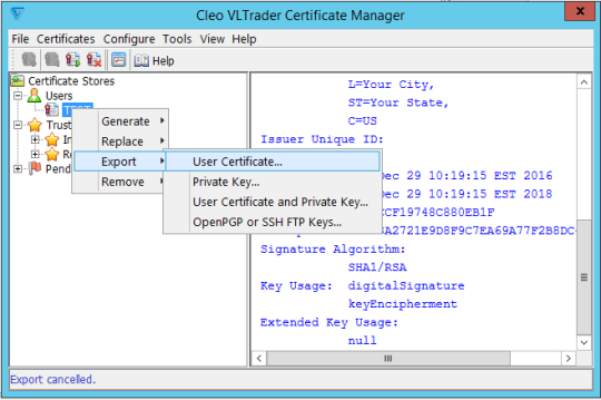 cleo vl trader certificate manager export user certificate