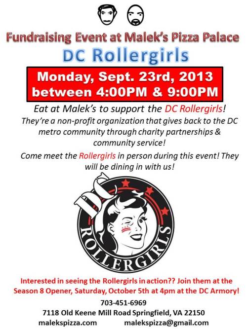 Mention the DC Rollergirls when you order pizza at Malek&rsquo;s in Springfield, VA on Monday and no