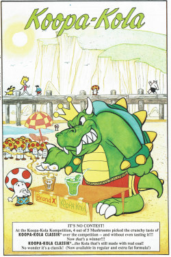 vgprintads:  ‘Koopa-Kola’ + ‘Koopatone’[MISC] [USA] [ART] [1990]Super Mario Bros. (#4)Scanned / Uploaded by Tanooki’s Stuff, via Flickr