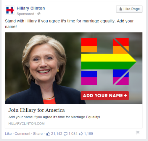 Hillary puts marriage equality front and center! This is a screenshot of an ad that just appeared in