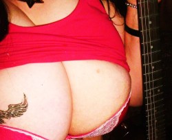 Mylonelybreasts:  ~~Hard Night @ The Office…Red Bra/Guitar/Markers/A Few Drinks/Lip