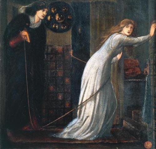 artist-edward-burne-jones: Fair Rosamund and Queen Eleanor, 1862, Edward Burne-JonesMedium: ink,wate