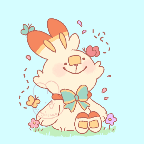 Scorbunny with a teal bowtie, sitting in the grass watching butterflies with a big smile. One of the butterflies has landed on its head.