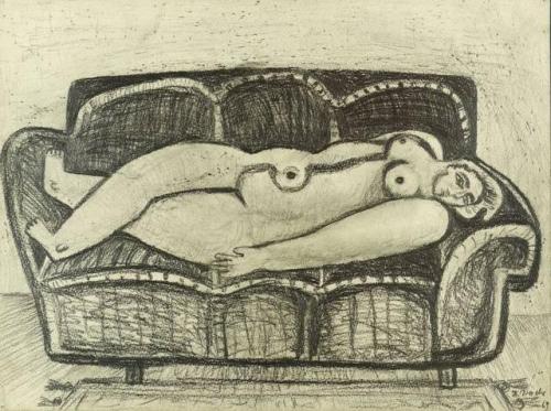 huariqueje: Lying female Nude  -   Heinz Drache, 1969. German,1929 - 1989 Graphite drawing