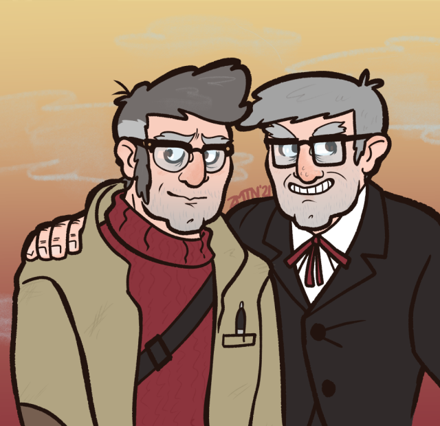 fanart of grunkles stan and ford pines from gravity falls, smiling at the camera