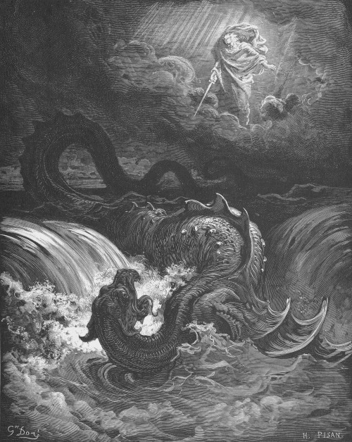 superbestiario:  Gustave dore, The holy bible.  On wikiart Adam and Eve Are Driven out of Eden Cain Slays Abel The Confusion of Tongues (The tower of Babel) The Deluge Jacob Wrestling with the Angel Samson Slays a Lion The Destruction of Leviathan David