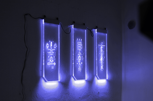 cf-12:  アンテナ / antennas (2014) Laser engraving, RGB LED 1, 2, 3 