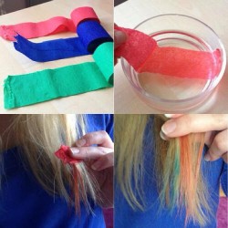 diyhoard:  Color Hair with StreamersSoak streamers in water and then wrap a small piece of with it. Let it dry. Take it off and it is colored :) -diyhoard
