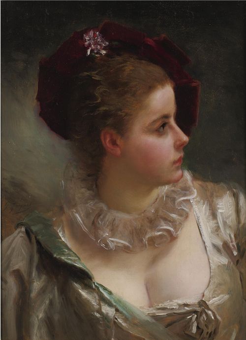 books0977:Young Beauty With Red Hat. Gustave Jean Jacquet (French, 1846-1909). Oil on canvas.In the Illustrated American