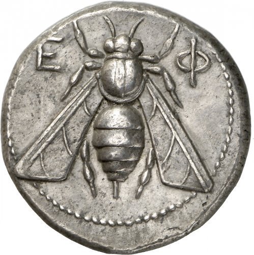 archaicwonder:  Bee Coin From Ephesos, Ionia, C. 390-325 BCA silver tetradrachm. Obverse: Magistrate Antialkidas. E-Φ , bee with straight wings. Reverse: ANTIAΛKIΔAΣ, forepart of a stag to right, its head turned back to face left, a palm-tree on left.