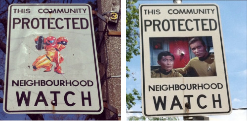 tastefullyoffensive:  Since 2012 Canadian artist Andrew Lamb has been adding pop culture characters to Neighborhood Watch Signs around Toronto. 