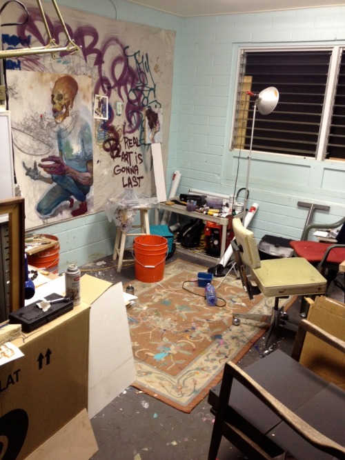 supersonicelectronic:  Ekundayo. Above is a new painting and a glimpse of Ekundayo’s studio in anticipation of Thinkspace Gallery’s group show, “Reflections of a New Generation” which opens this Saturday, July 13th.  The show will also