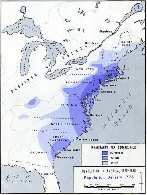 The map above shows the population density of the original thirteen American colonies, the year befo