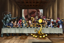 pixelmotron:  The Last Supper - Anime Crossover version My favorite anime characters are having a supper when the collosal titan crashed the party lol My anime fanart on Deviantart  and  Instagram 