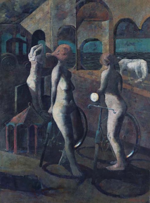 Baigneuses, bicyclettes, une cage á oiseaux, cheval blanc, 1991,Armando Morales. Nicaraguan, born in