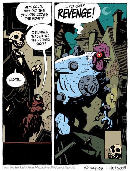 bluedogeyes:  Skeleton Head and Chicken by Mike Mignola