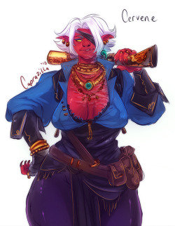 capramoms: I’m sick but have this doodle i did last night of my old lady hobgoblin swashbuckler  named cervene aka red.