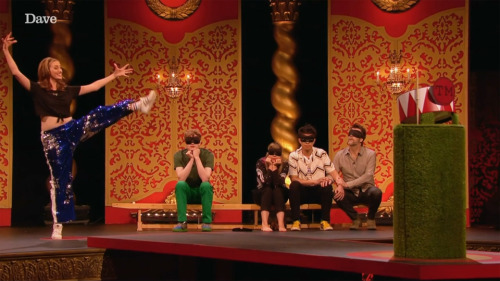 taskmastercaps:[ID: Six screencaps from Taskmaster. Jessica Knappett performs a spectacular dramatic