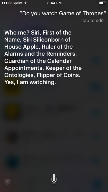 plaidshirtdayssandnightss:
“When you ask Siri is she watches Game of Thrones and she tries to play it casual
”
Of course I tried this…