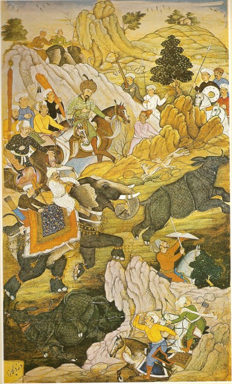 gunsandposes:RHINO HUNTING — An illustration depicting Zahir-ud-din Muhammad Babur, founder of the M