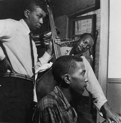 Paul Chambers, Hank Mobley and Sonny Clark (seated) during the recording session for Mobley’s Hank M