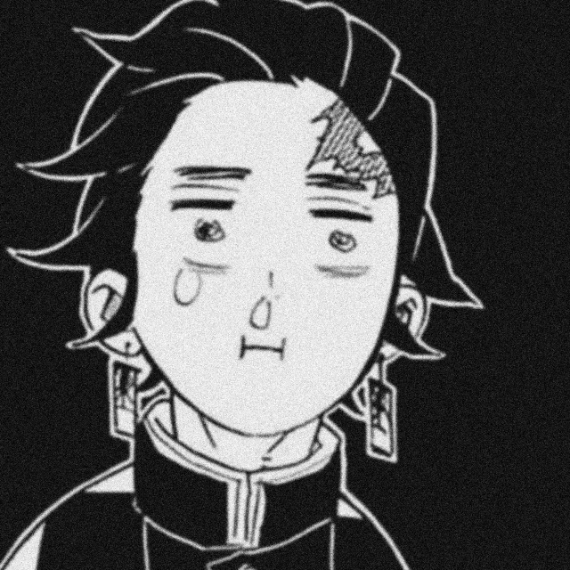 an icon of tanjiro from demon slayer manga. it is drawn in a goofy fashion. he stares past the viewer with a tired expression. his mouth is scrunched shut. he sheds a single tear and snot bubble.