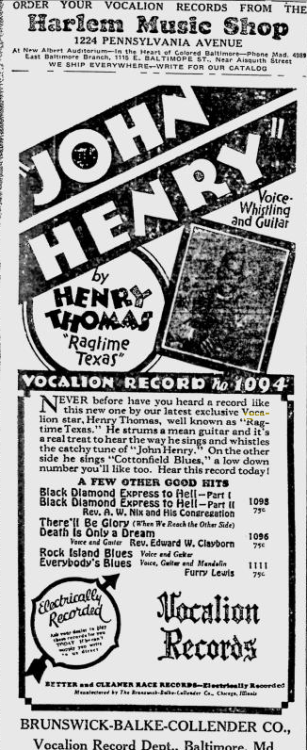 redhotshellac: Henry Thomas “Ragtime Texas” Vocalion Records ads, 1927