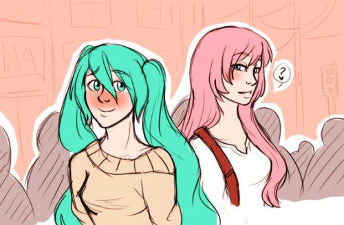 upset with my computer so i drew kawaiis so what i was going for here is that luka and miku are strangers and they happen to pass by on the street and luka notices her and is like “oh hey there lil mama u lookin’ FINE” and then miku