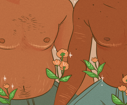 littlestpersimmon:boys [image description: two drawings of shirtless trans men from the waist to the