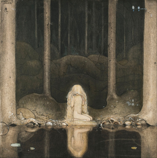 John Bauer, Princess Tuvstarr gazing down into the dark waters of the forest tarn, 1913